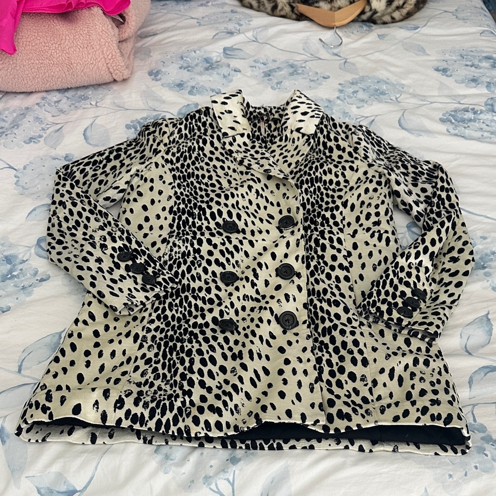 Free People Black and Cream Spotted Pea Coat